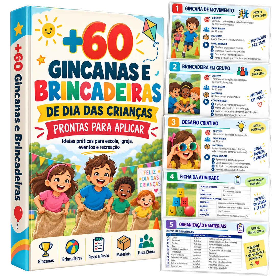 Kit com mais de 60 gincanas e brincadeiras de Dia das Crianças prontas para aplicar